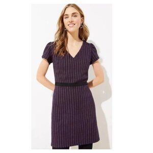 NWT Loft Women's Navy & Purple Short Sleeve V-Neck Tweed Career Dress Size 6